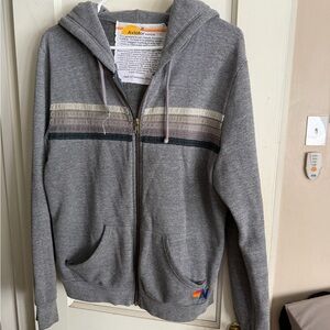 Aviator Nation Gray Hooded Zip Sweatshirt with Striped Tag Detail